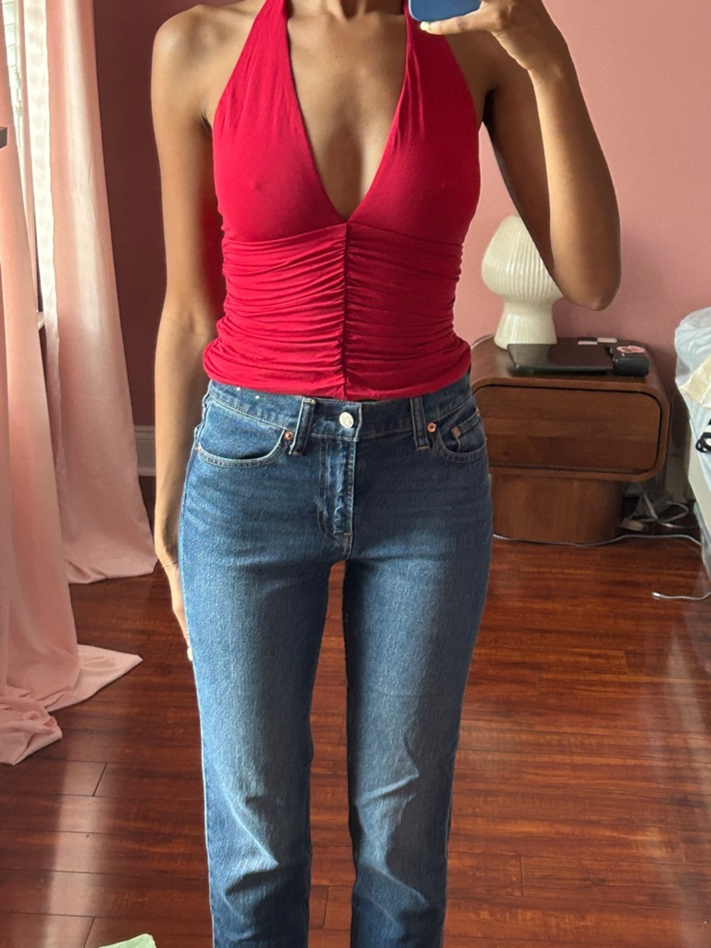 Kookai Red Halter Ruched V-Neck Camisole